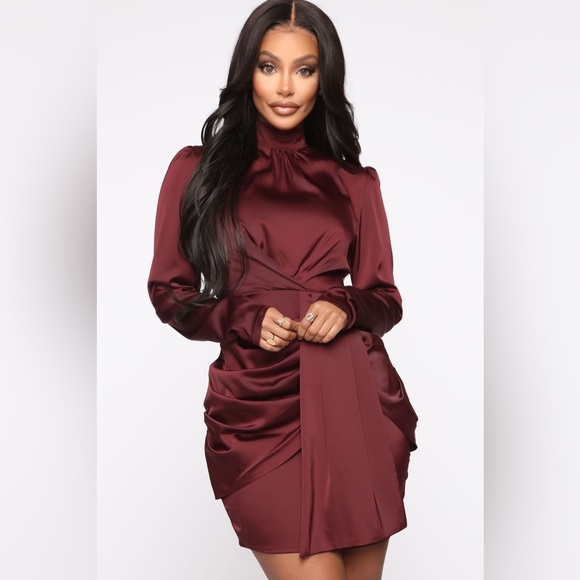 Fashion Nova Raise Your Glass Satin Drape Mini Dress in Deep Red Wine Size M - Picture 3 of 13